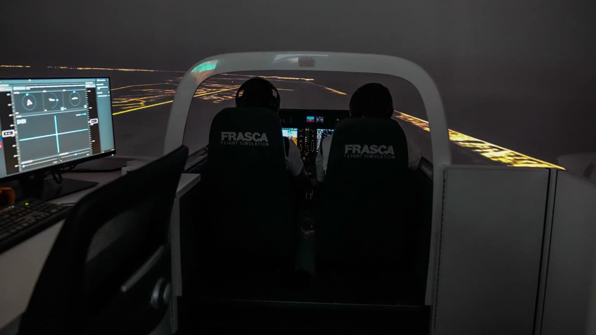 Back view of a Frasca Level 5 Flight Training Device