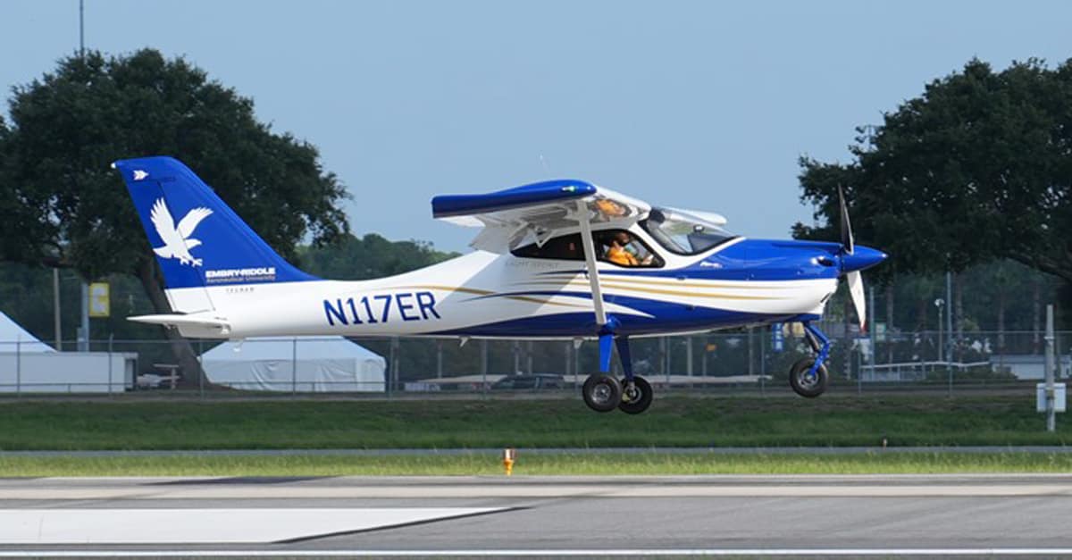 Cessna takes off from runway.