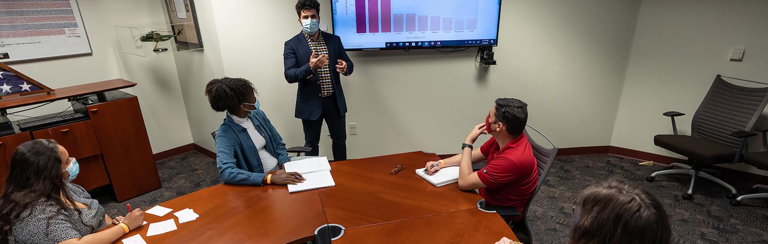 Dr. Seyed Ali Haji Esmaeili, Assistant Professor of Transportation, Logistics and Information Sciences in the David B. O'Maley College of Business, works with students to identify trends in data technology jobs. April 1, 2021. (Embry-Riddle/Daryl LaBello)