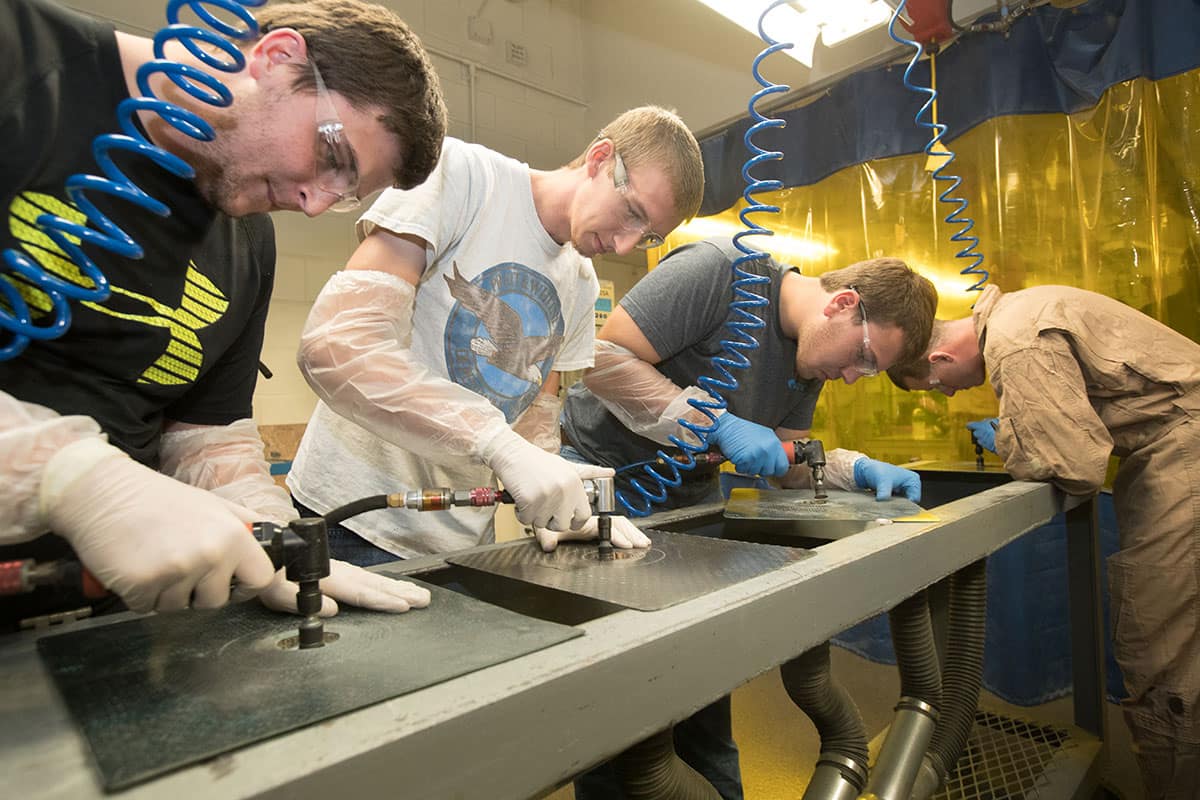 Students work in the Aircraft Composite Structures in the Aviation Maintenance Science Department