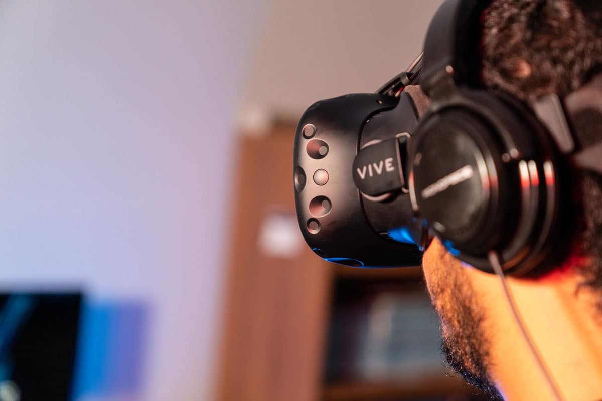 Student wears goggles for augmented reality.