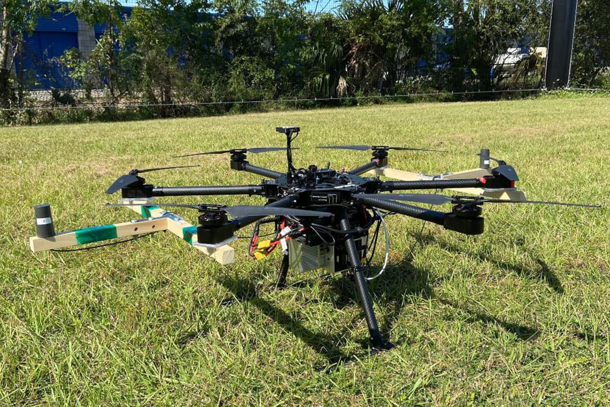 Tarrot UAV platform used in multi-modal fusion research. The platform has been equipped with a perception payload that includes downward-looking LiDAR and camera sensors. (Photo: Dr. Eric Coyle)
