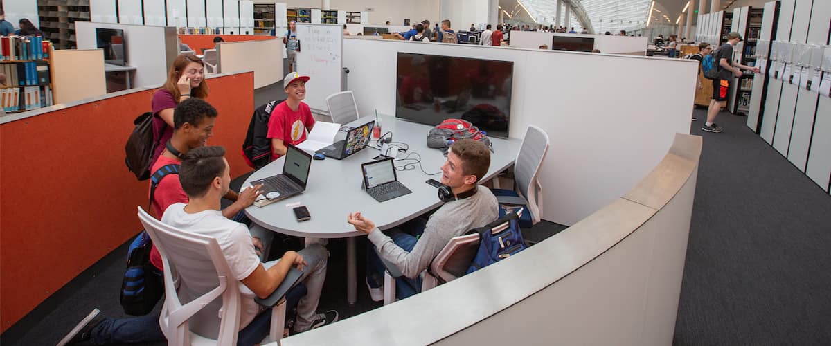 Students in a work area at the Student Union.