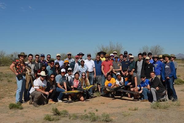 Student teams from both of Embry-Riddle’s residential campuses. Joining the students for this photo were Dr. Jim Gregory, dean of the College of Engineering at Daytona Beach, Florida, and faculty advisors Dr. Johann Dorfling and Professor Joseph Smith from Prescott, Arizona