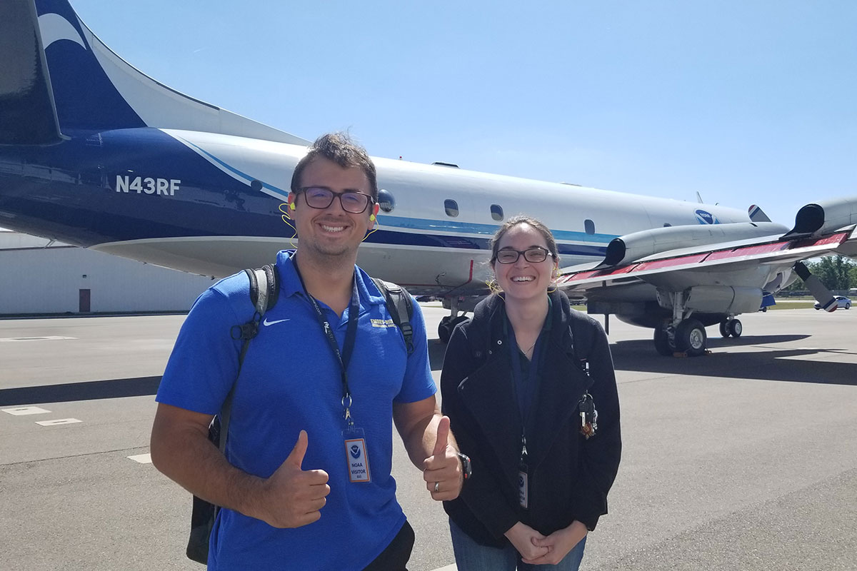 Dr. Josh Wadler and Embry-Riddle junior Lauren Villafane with the National Oceanic and Atmospheric Administration Hurricane Hunter