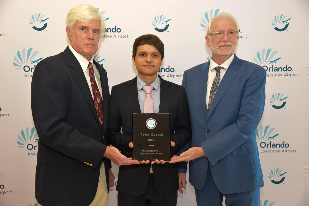 Embry-Riddle flight instructor Rafael Dubena receives his award for being named the FAA’s 2026 Flight Instructor of the Year for the Orlando District