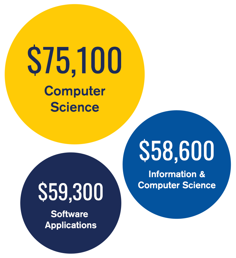 Computer Science: $75,100; Information & Computer Science: $58,600; Software Applications: $59,300